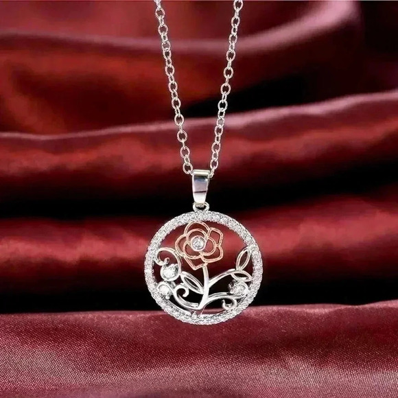 New Gorgeous 925 Silver Diamond Rose Necklace - Picture 5 of 6